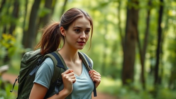 Climbing adventures at Mount Magazine, young woman hiking through forest.