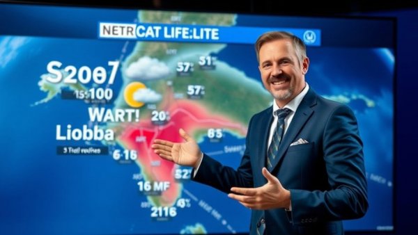 Meteorologist presenting upcoming warm weather in Arkansas.