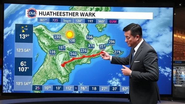 Weather forecaster explains showers and storms on digital map.