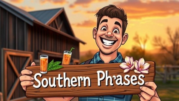 Cheerful man holding 'Southern Phrases' sign, rustic cartoon style.