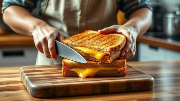 Person slicing grilled cheese sandwich in a cozy kitchen.