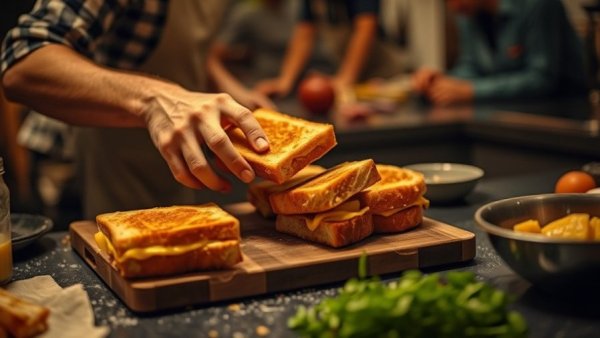 Crunchy Grilled Cheese Goodness: Person preparing sandwiches in cozy kitchen.