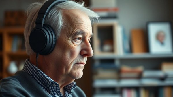 Elderly man in headphones at a desk in a store environment.