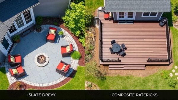 Comparative graphic of patios vs raised decks in backyard enhancements.