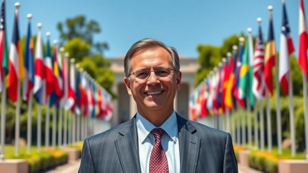 Delta Blues to Diplomacy: Man at diplomatic building with flags.