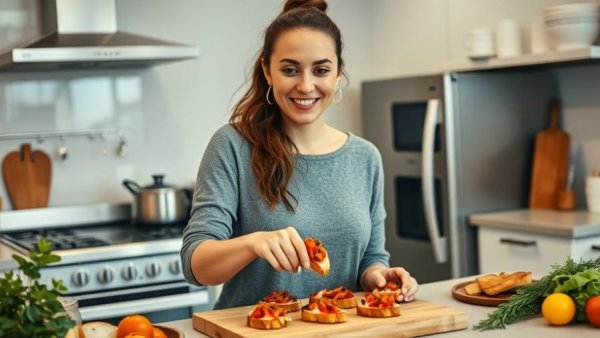 Woman prepares crunchy bruschetta in modern kitchen.