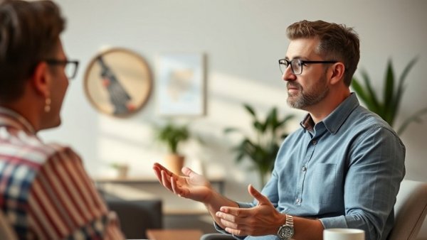 Casual man discussing in an office setting with soft lighting.