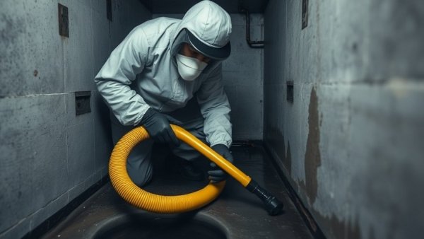 Professional in protective gear performing sewage cleanup.