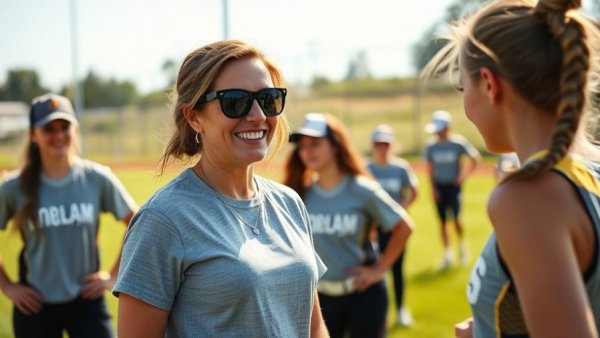 Arkansas softball practice with coach in sunglasses smiling.