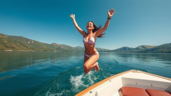Memorial Day Weekend in Arkansas with woman jumping from boat into lake.