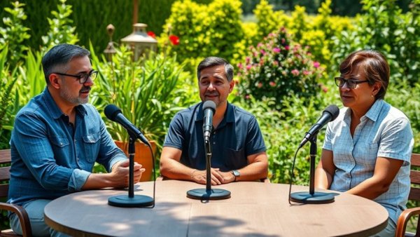 Chefs in the Garden event hosts engaging in outdoor discussion.