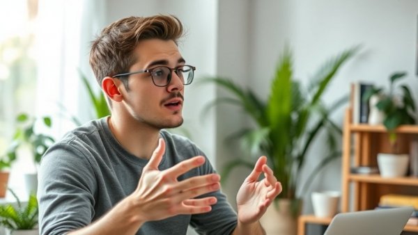 Young man talking in a home office, vibrant indoor scene.