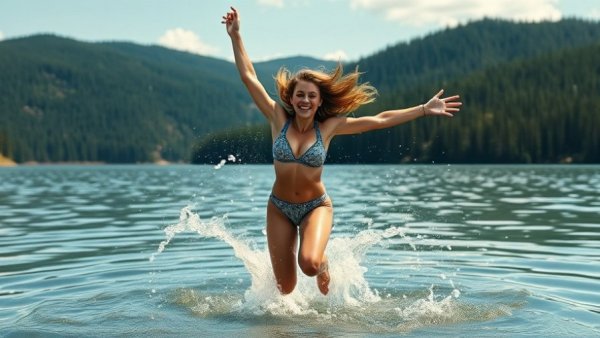 Joyful jump during Memorial Day Weekend in Arkansas with sunny lake backdrop.