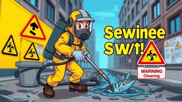 Professional sewage backup cleanup in San Diego, cartoon graphic.