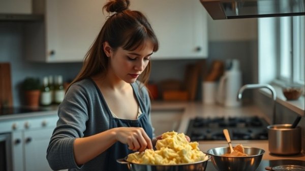 Woman preparing mashed potatoes in a cozy kitchen.