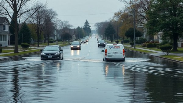Bentonville flooding problems: cars on a flooded suburban street.