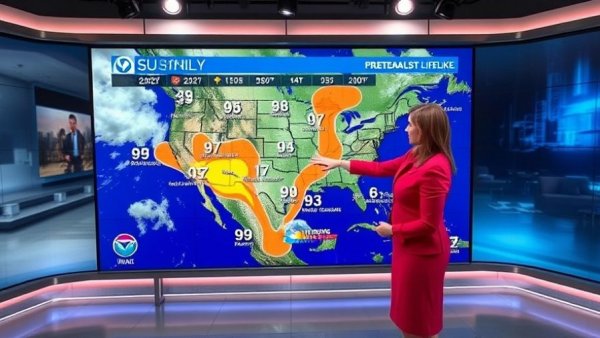 Latest Weather forecast with stormy patterns on a digital map.