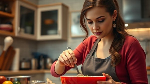 Focused woman preparing food in a kitchen, creating perfect mashed potatoes.