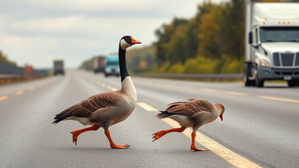 Goslings crossing highway under cloudy sky with truck background.