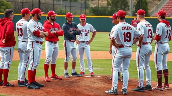 Arkansas baseball team discussing strategy on field, NCAA Tournament 2026.