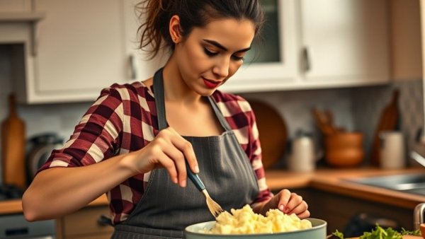 Woman stirring perfect mashed potatoes in a cozy kitchen