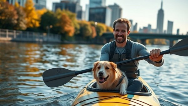 Rock Town River Outfitters kayaking with dog on a river.