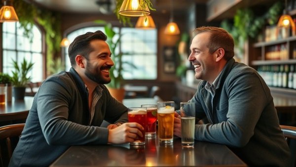 Lively bar scene in Northwest Arkansas with two men laughing.