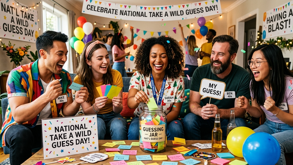 Man pondering for National Take a Wild Guess Day, surrounded by question marks.