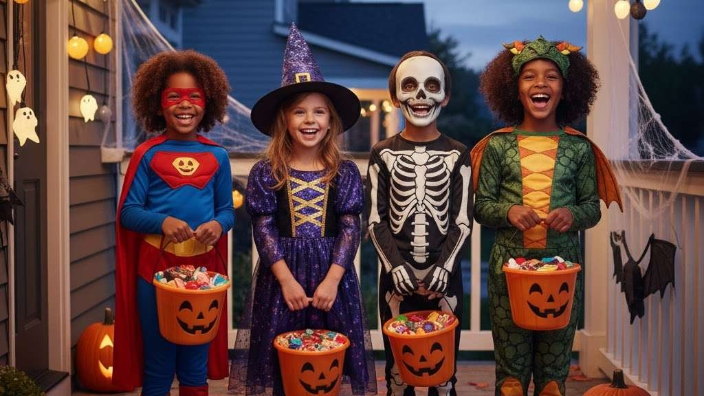 Cultural Roots of Halloween October 31 cartoon ghosts and pumpkins.