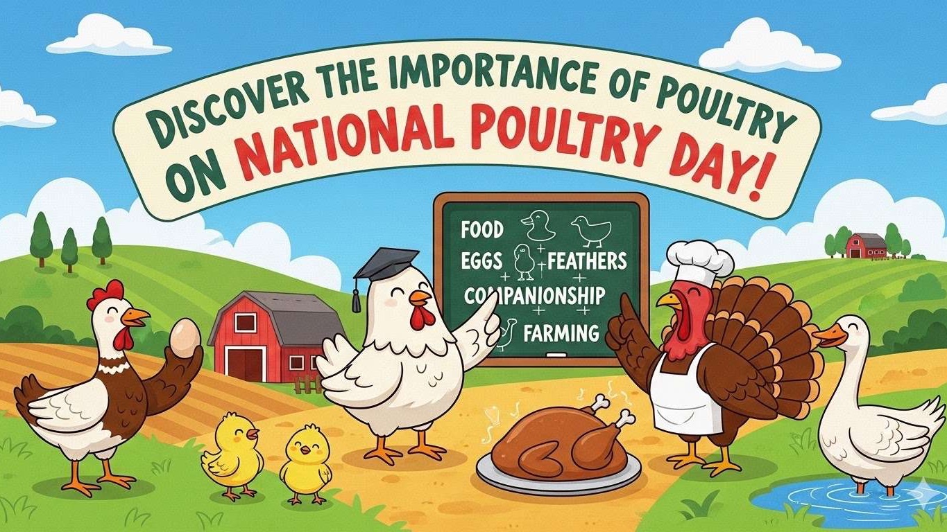 Vibrant collage for National Poultry Day with chicks and chicken.