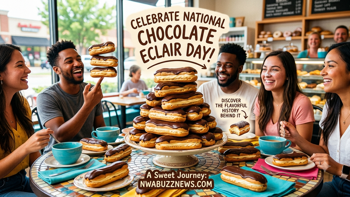 National Chocolate Éclair Day spotlight on elegant eclairs display.