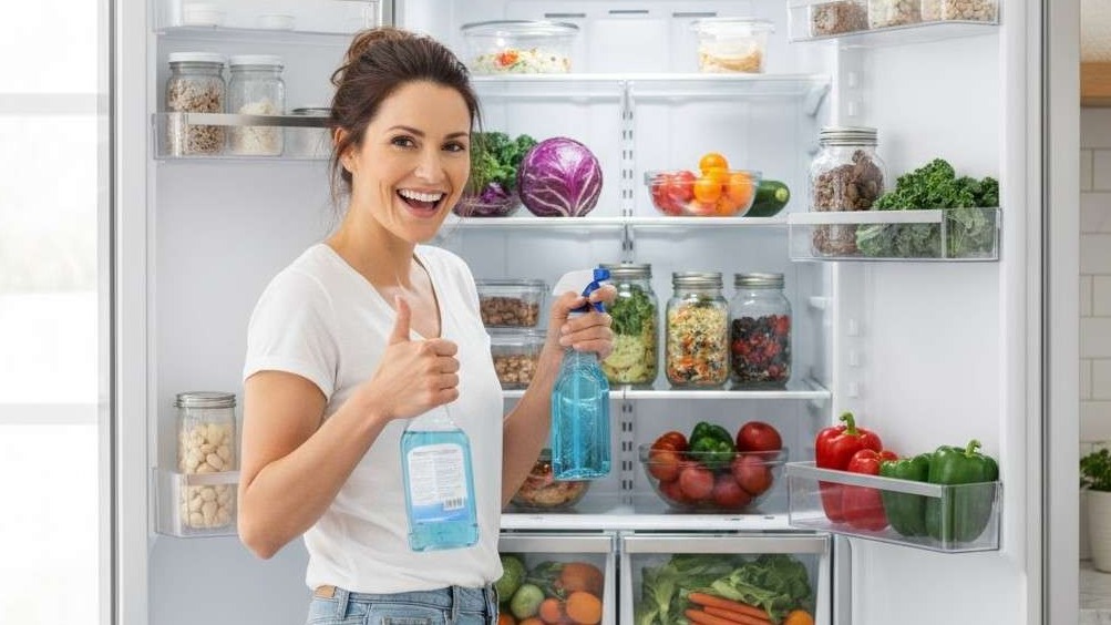 Frustrated woman during National Clean Out Your Refrigerator Day looking into cluttered fridge.