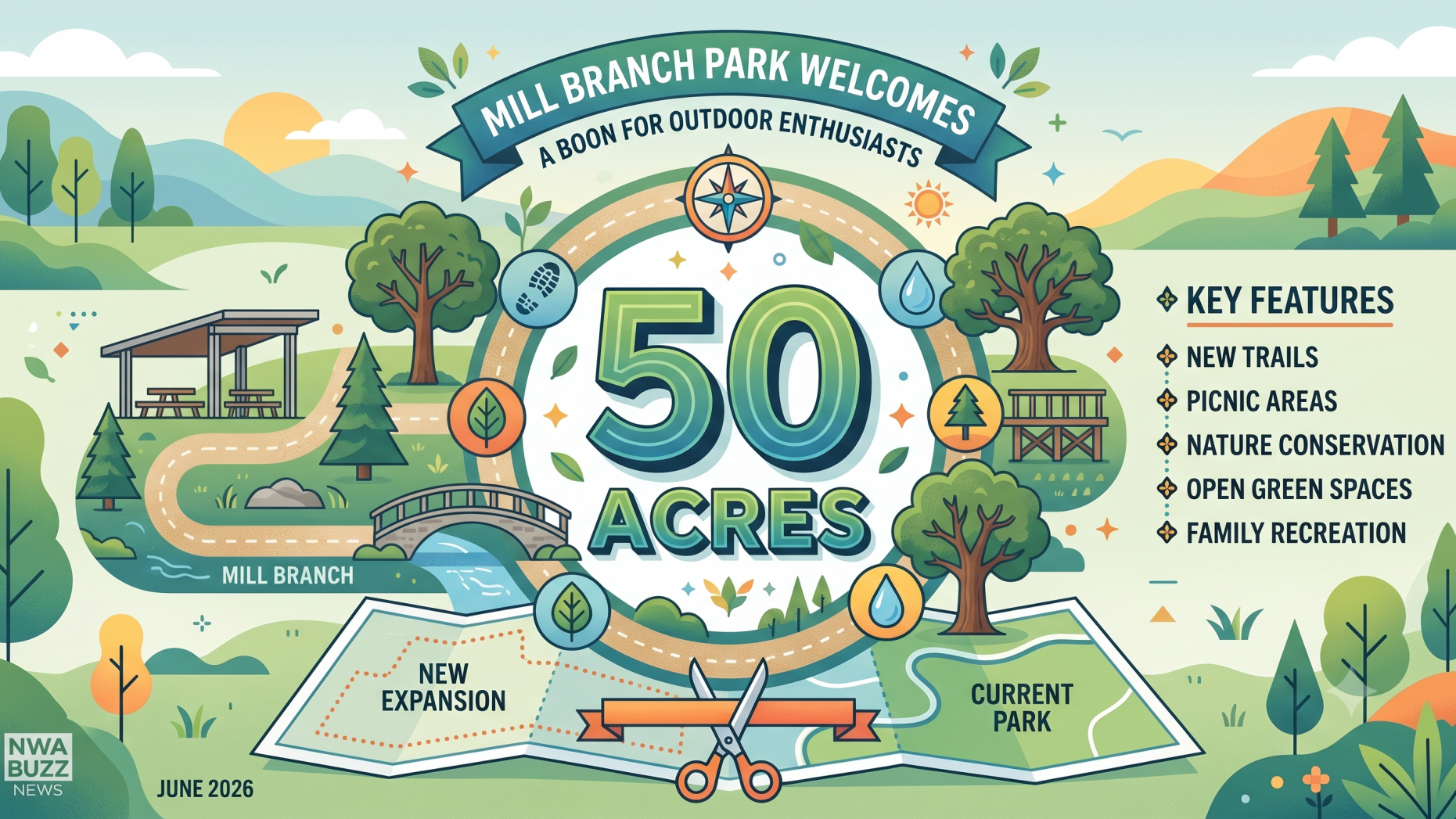Celebration of 50-acre expansion at Mill Branch Park, ribbon-cutting ceremony.