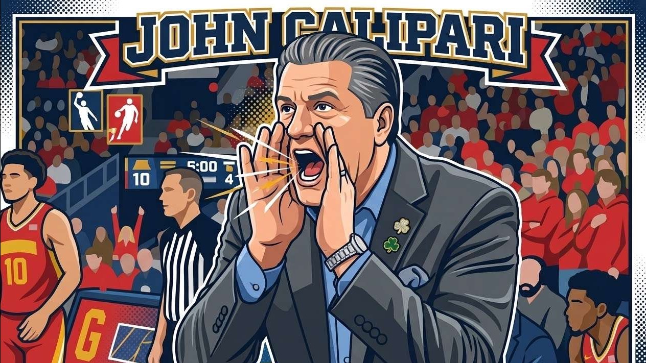 March Madness sports-themed graphic with a thoughtful coach and vibrant elements.