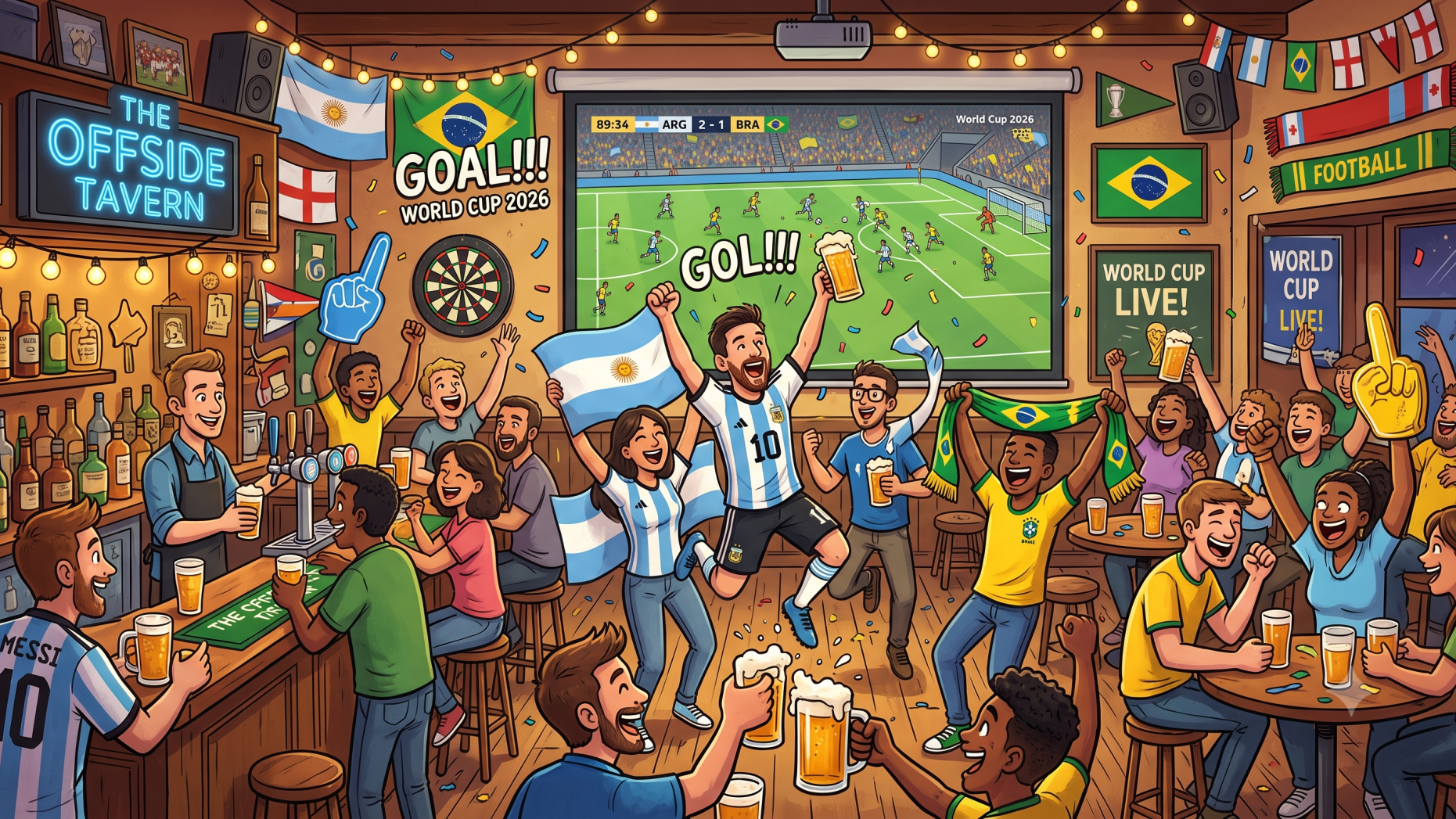 World Cup business boom with fans celebrating in a bustling bar.