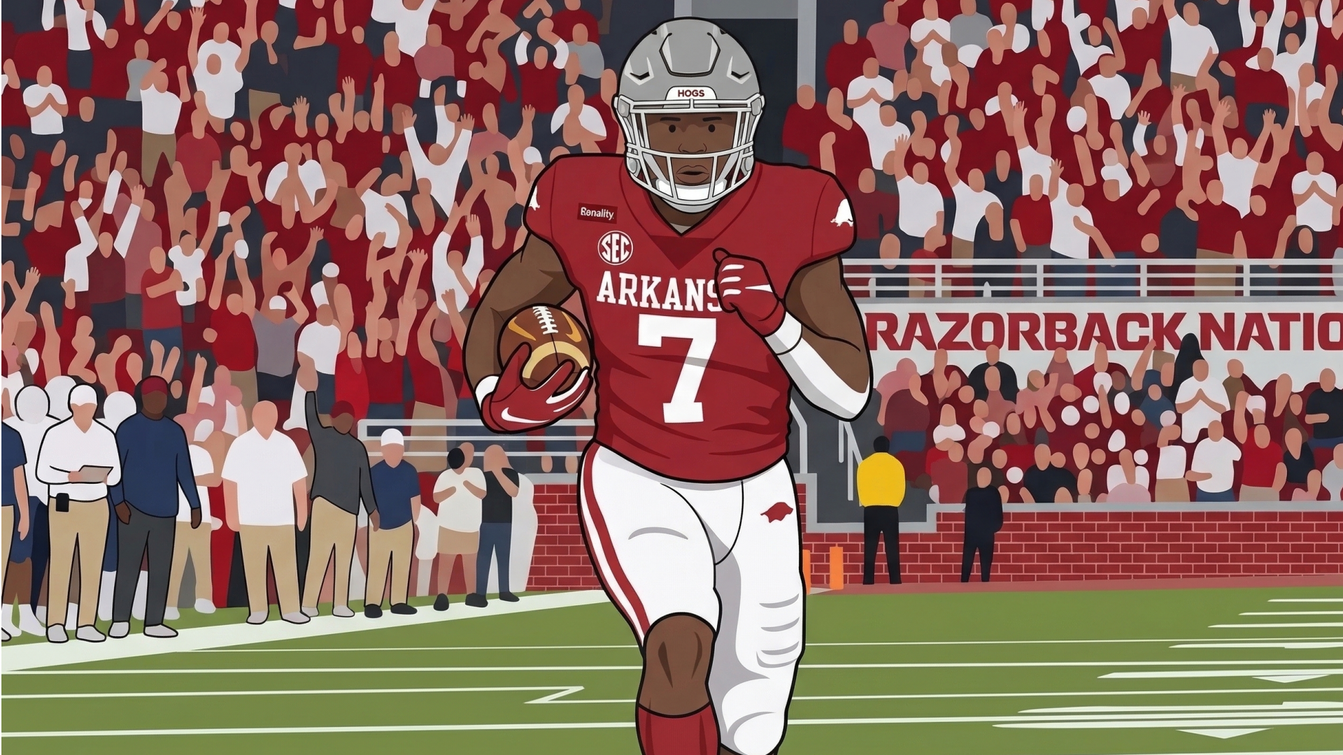 Arkansas Razorbacks athletes at a press conference with team logos behind.