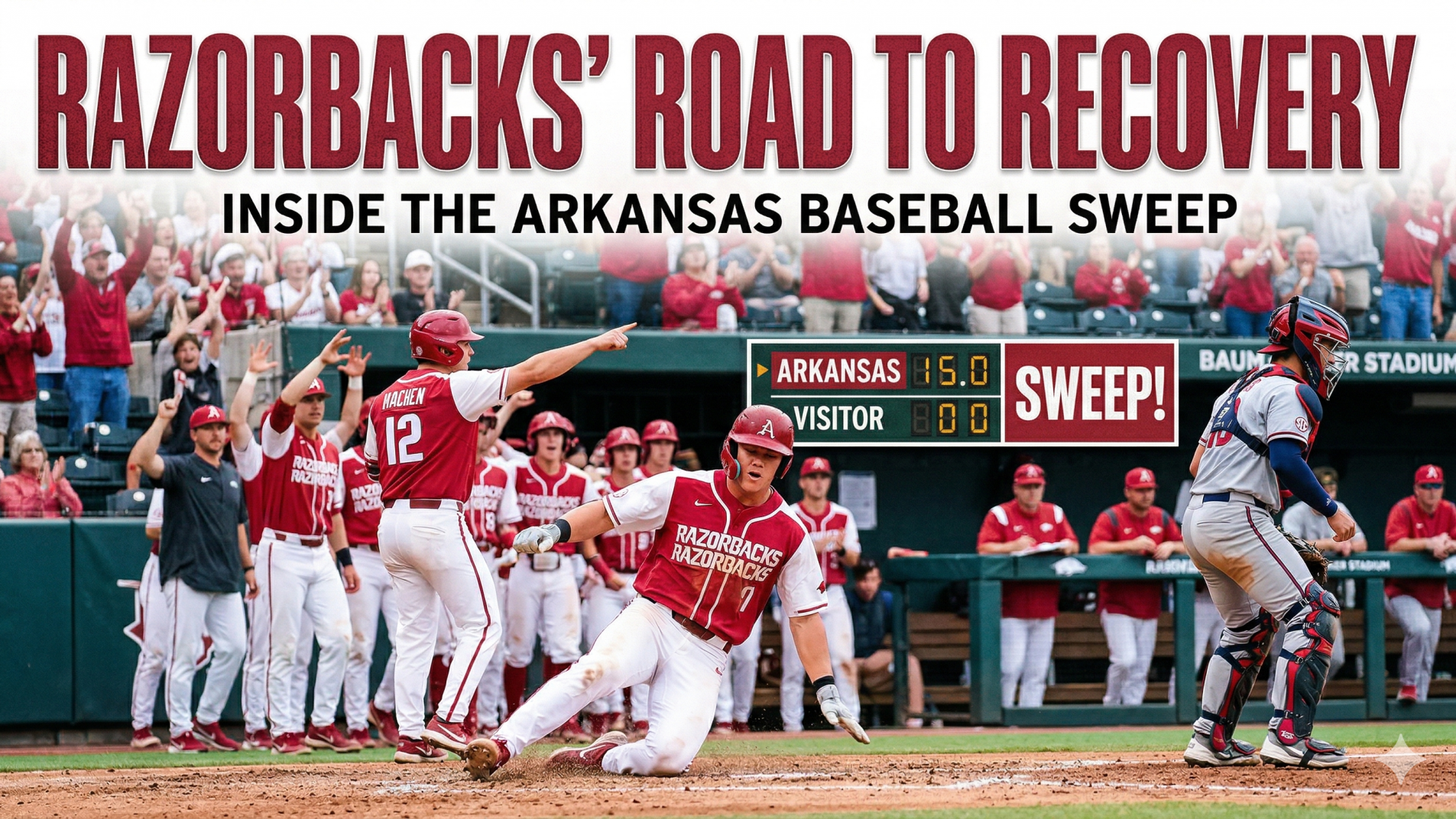 Arkansas baseball player celebrating road sweep success.