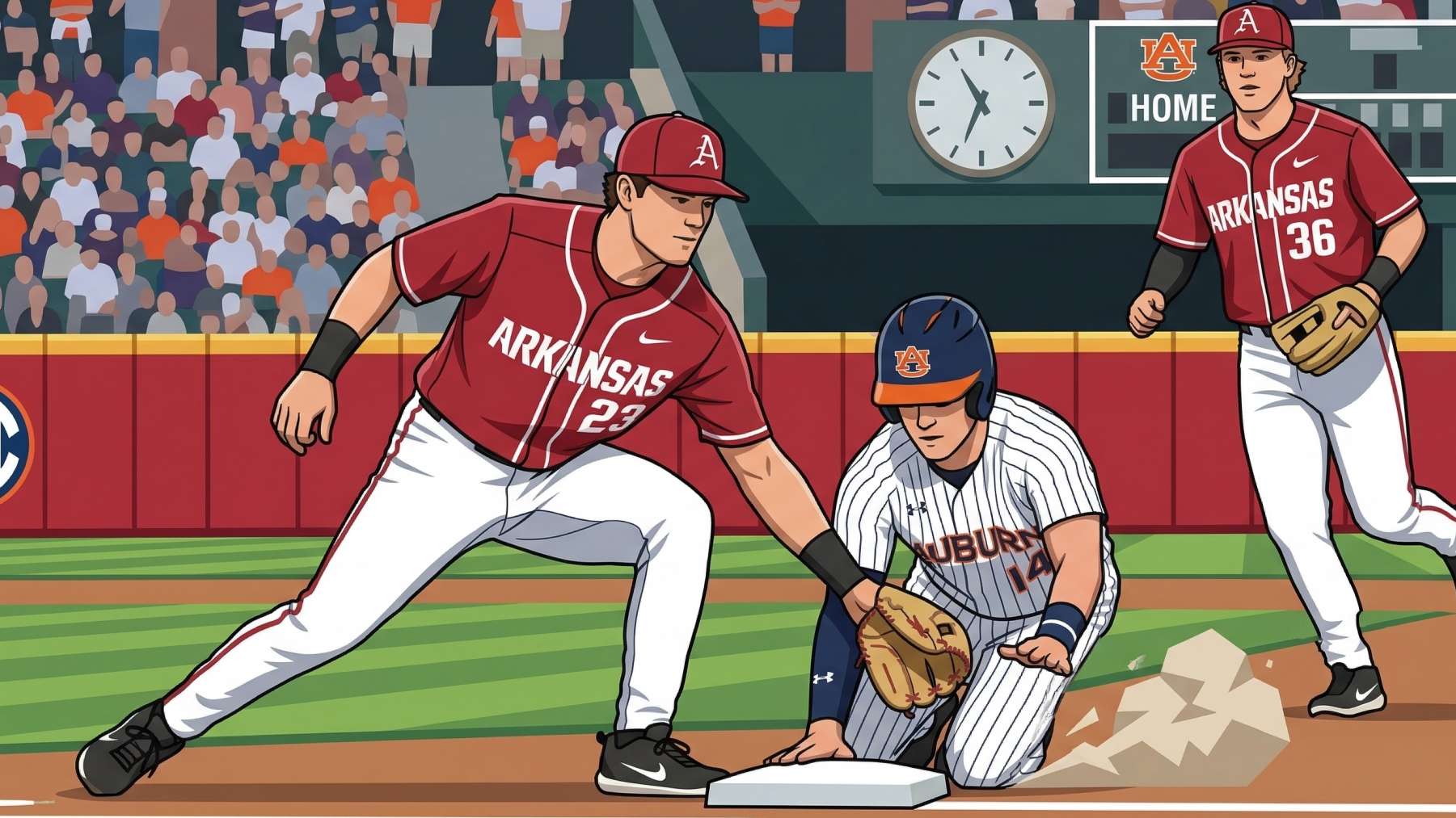 Arkansas Baseball SEC Play action with bold stadium backdrop.