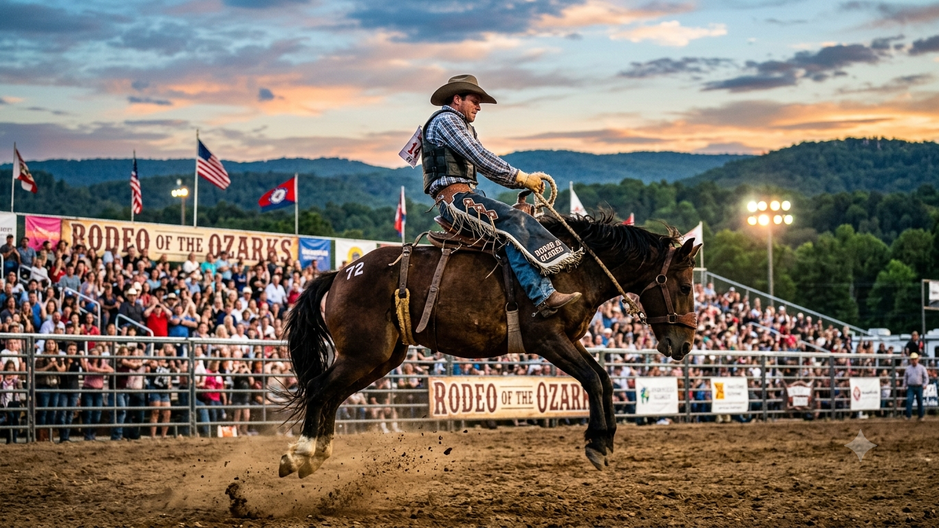 Young woman at Rodeo of the Ozarks with vibrant evening background.