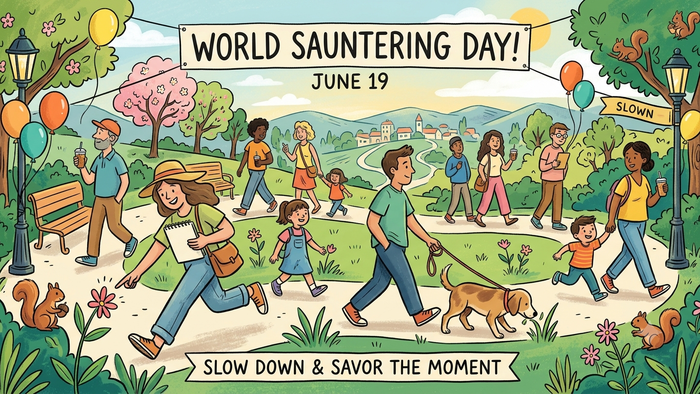 Friends celebrating World Sauntering Day, laughing and walking casually.