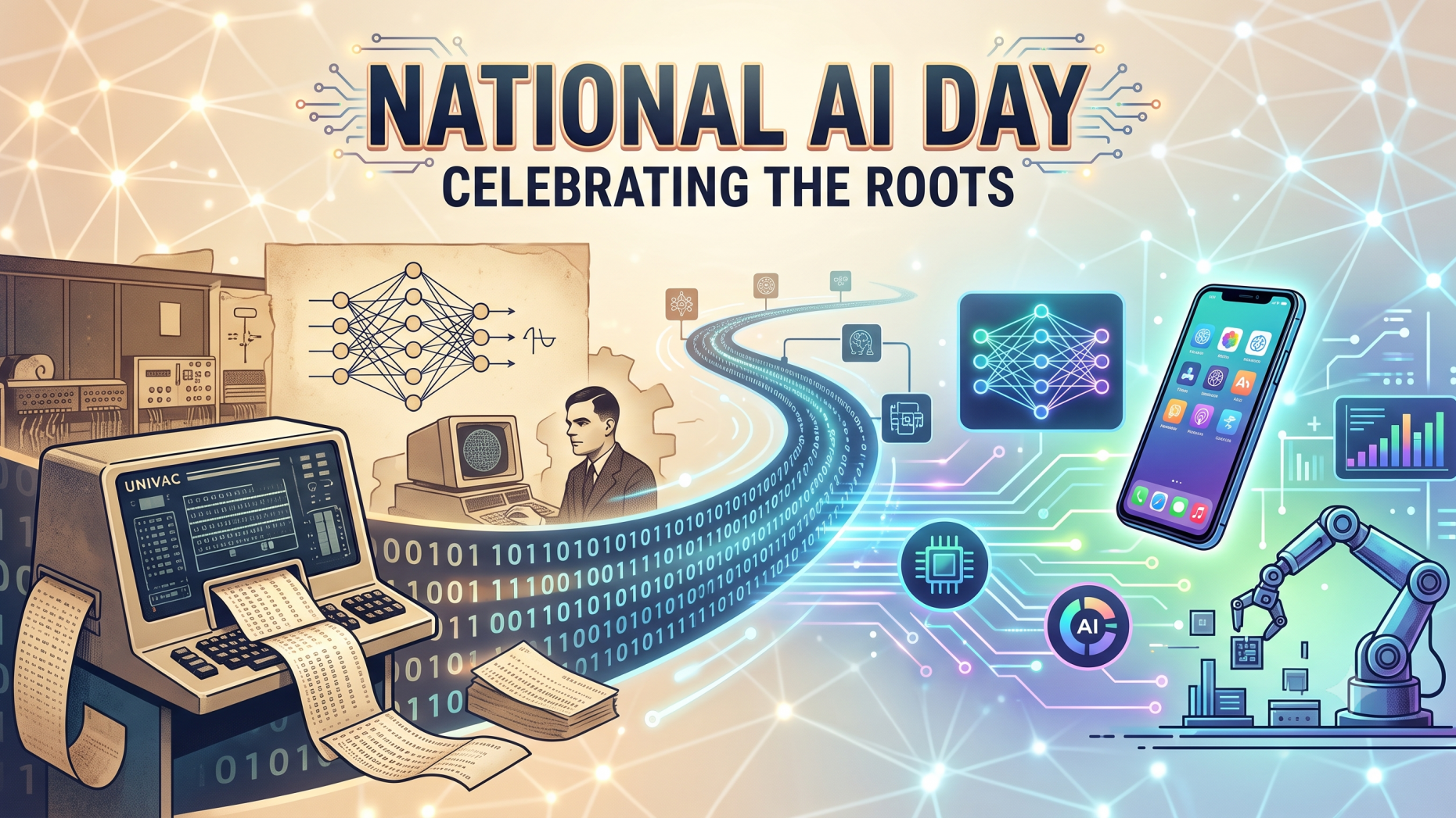 Futuristic AI sphere and nodes, National AI Day theme.