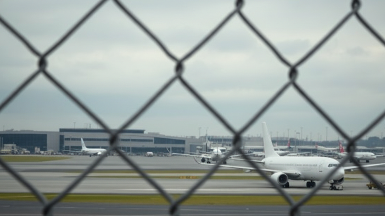 Airplane view behind fence symbolizing flight cancellations amid shutdown.