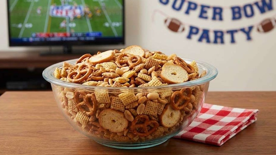 Man making Homemade Chex Mix in a festive kitchen setting.