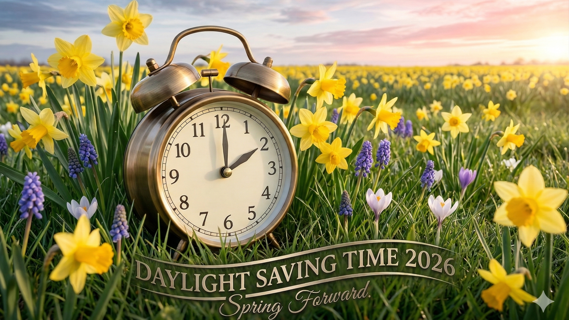 Serene sunset over mountains, uplifting daylight saving time mood boost.