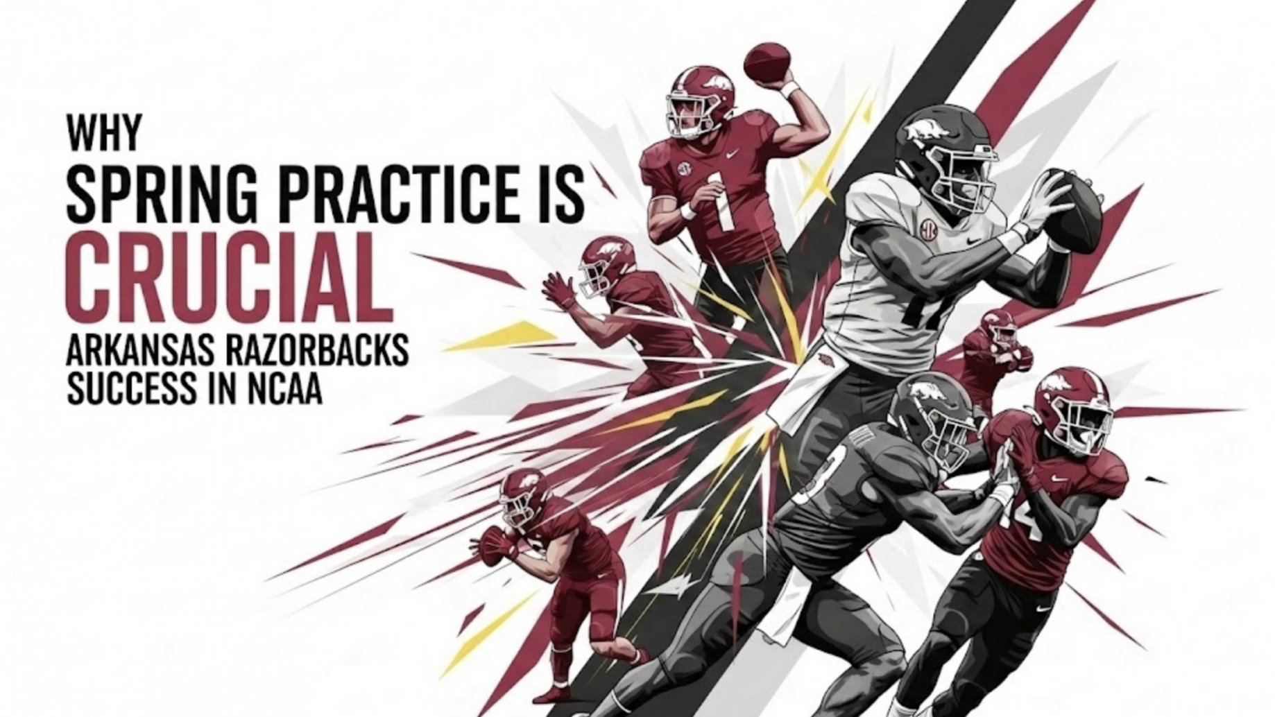 Arkansas Razorbacks football practice, players preparing for a play.