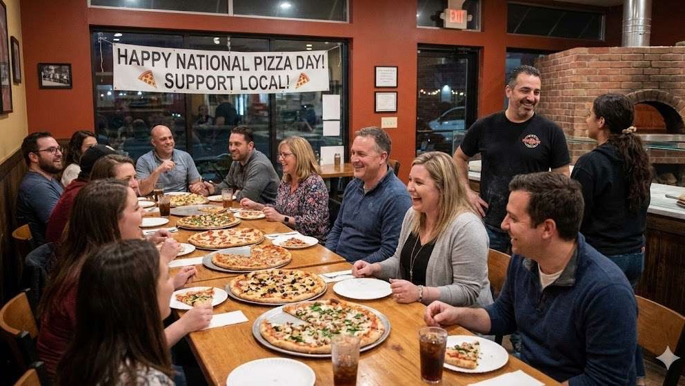 Colorful pizzas encircle National Pizza Day text, celebration theme.