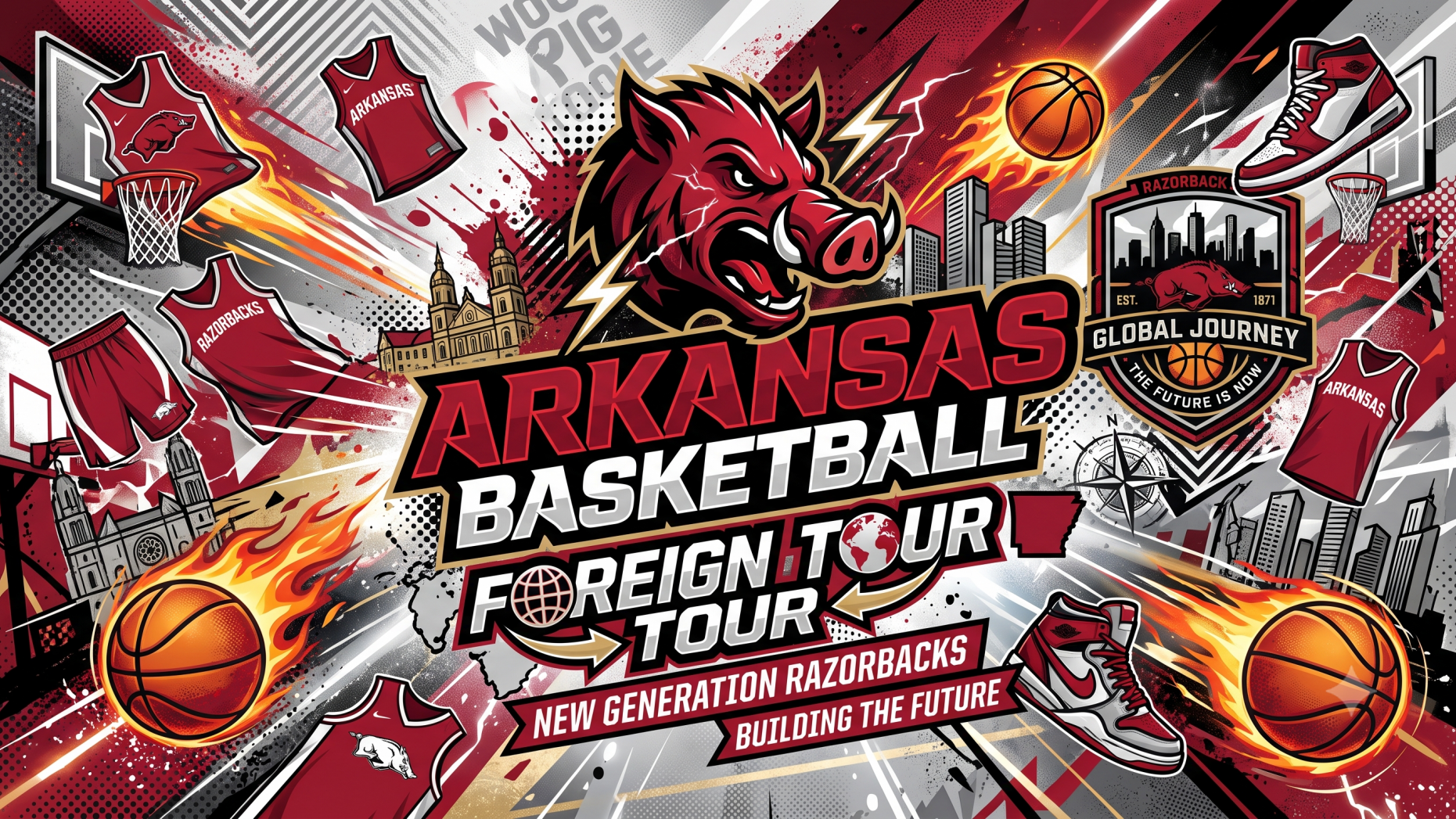 Arkansas Basketball Foreign Tour with players in team jerseys and podcast promo.