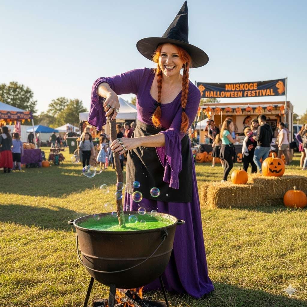 Witch stirring a brew in her cauldron at Halloween Festival in Muskogee