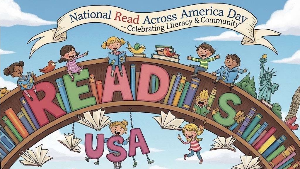 Cute cartoon child reading for National Read Across America Day.