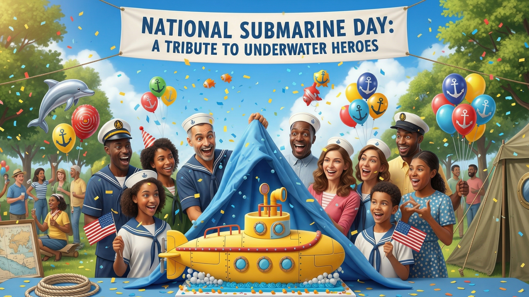 Animated submarine in vibrant ocean scene for National Submarine Day